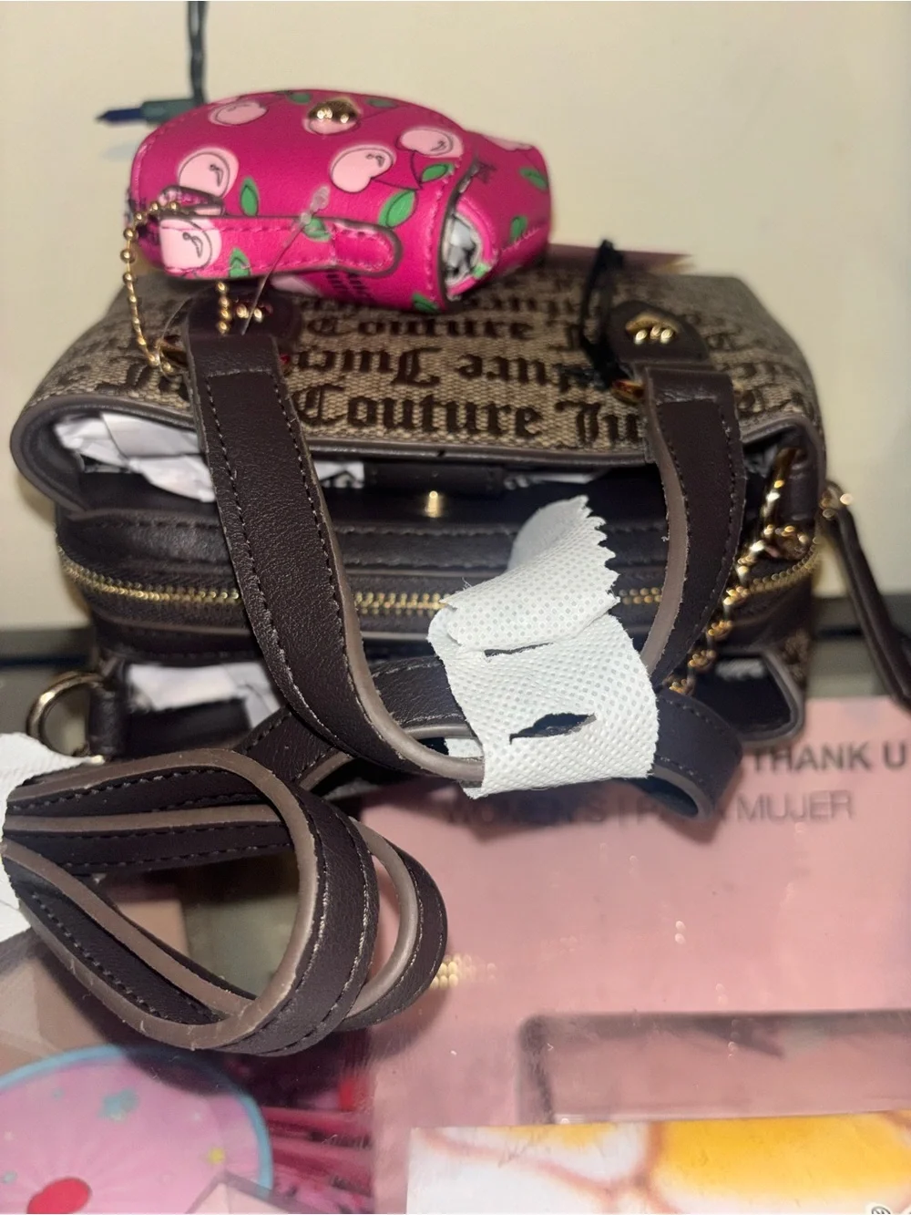 Juicy Couture Taupe Brown Logo Satchel with Pink Cherry Coin Pouch
